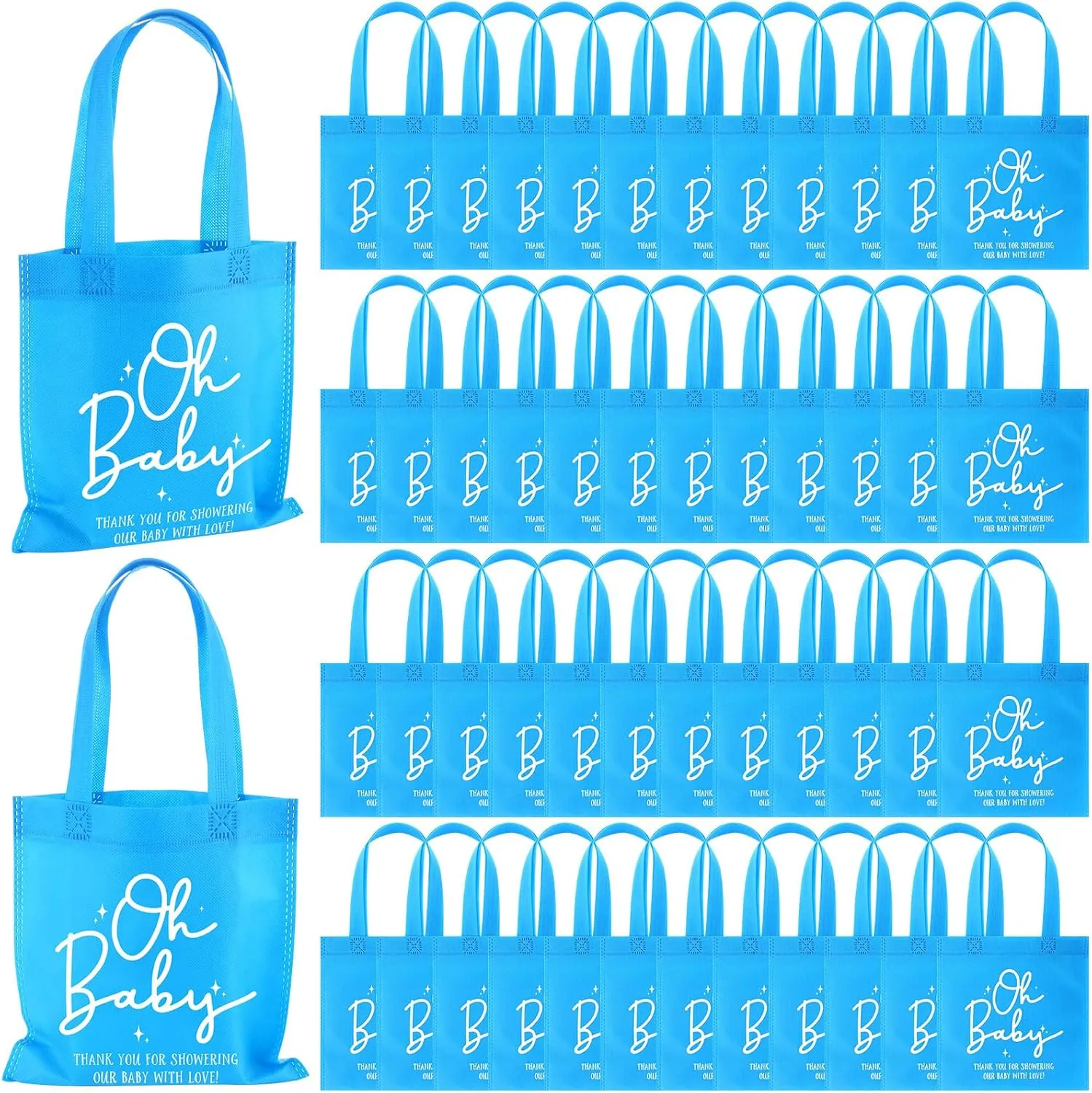 Sweetude 50 Pcs Baby Shower Non Woven Gift Bags Bulk Oh Baby Treat Tote Bags with Handles for Girl Boy Gender Reveal Party(Blue)