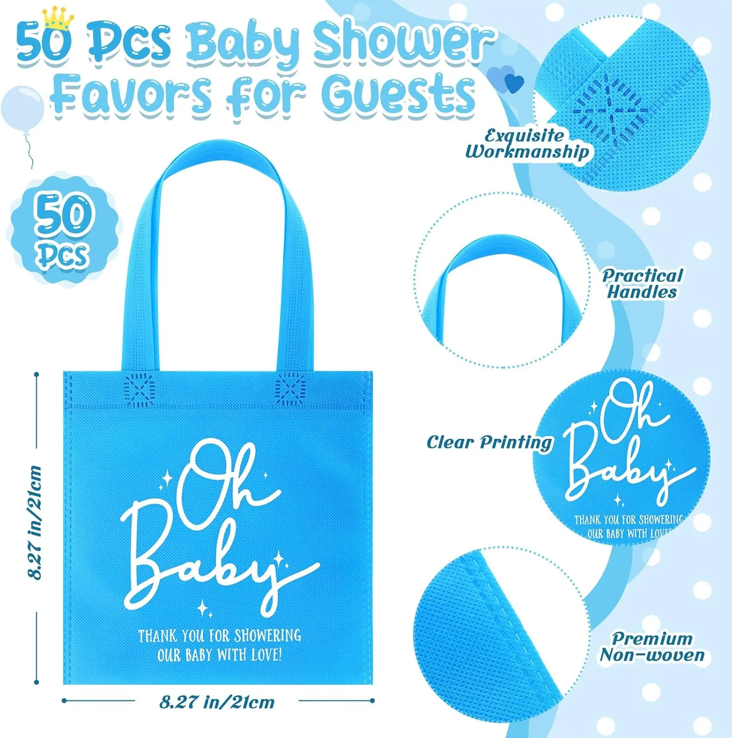 Sweetude 50 Pcs Baby Shower Non Woven Gift Bags Bulk Oh Baby Treat Tote Bags with Handles for Girl Boy Gender Reveal Party(Blue)