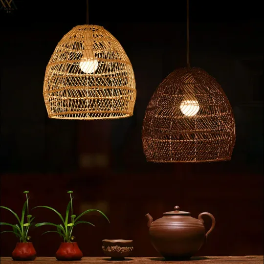 Taavita Large Vintage Rattan Pendant Lamp Shade - Woven Rattan Hanging Lamp - Rattan Lampshade