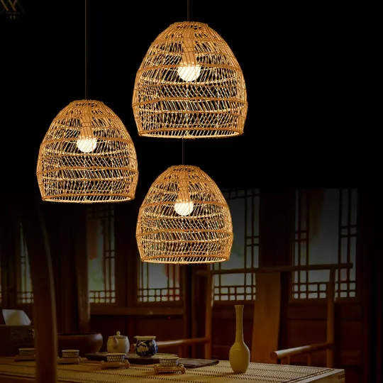 Taavita Large Vintage Rattan Pendant Lamp Shade - Woven Rattan Hanging Lamp - Rattan Lampshade