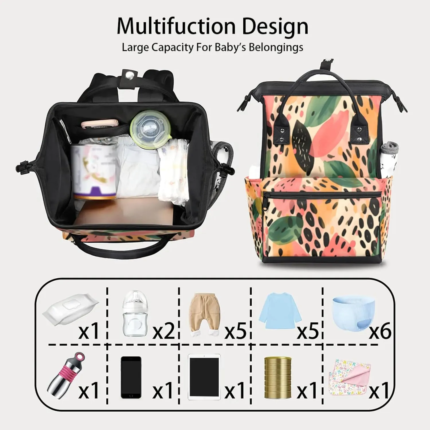Tavisto Colorful Leaf Spots Double Shoulder Mommy Bag for Women, Polyester Large Capacity Diaper Backpack with Multi Pockets, Waterproof Adjustable Straps Diaper Bag for Moms Dads, 11''×7''×15.7''