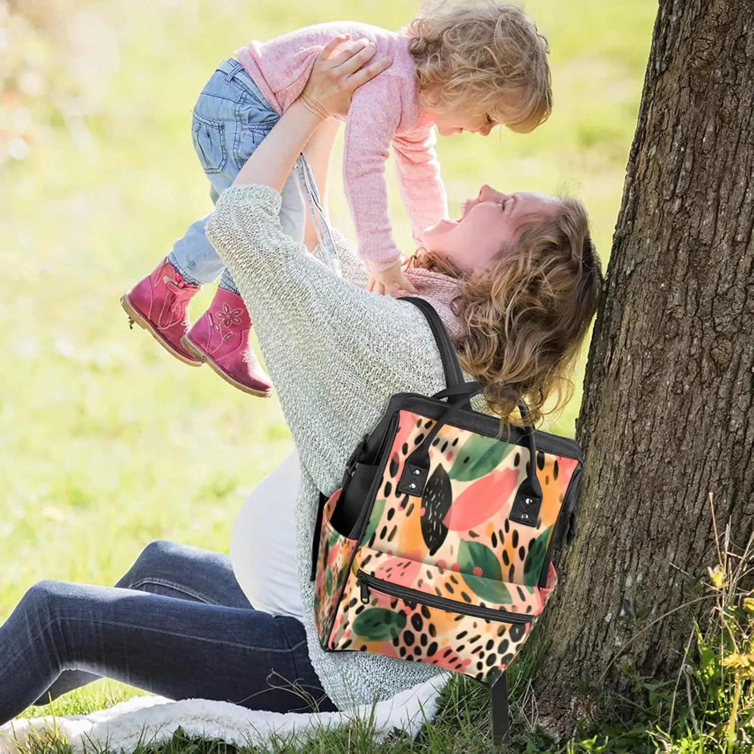 Tavisto Colorful Leaf Spots Double Shoulder Mommy Bag for Women, Polyester Large Capacity Diaper Backpack with Multi Pockets, Waterproof Adjustable Straps Diaper Bag for Moms Dads, 11''×7''×15.7''