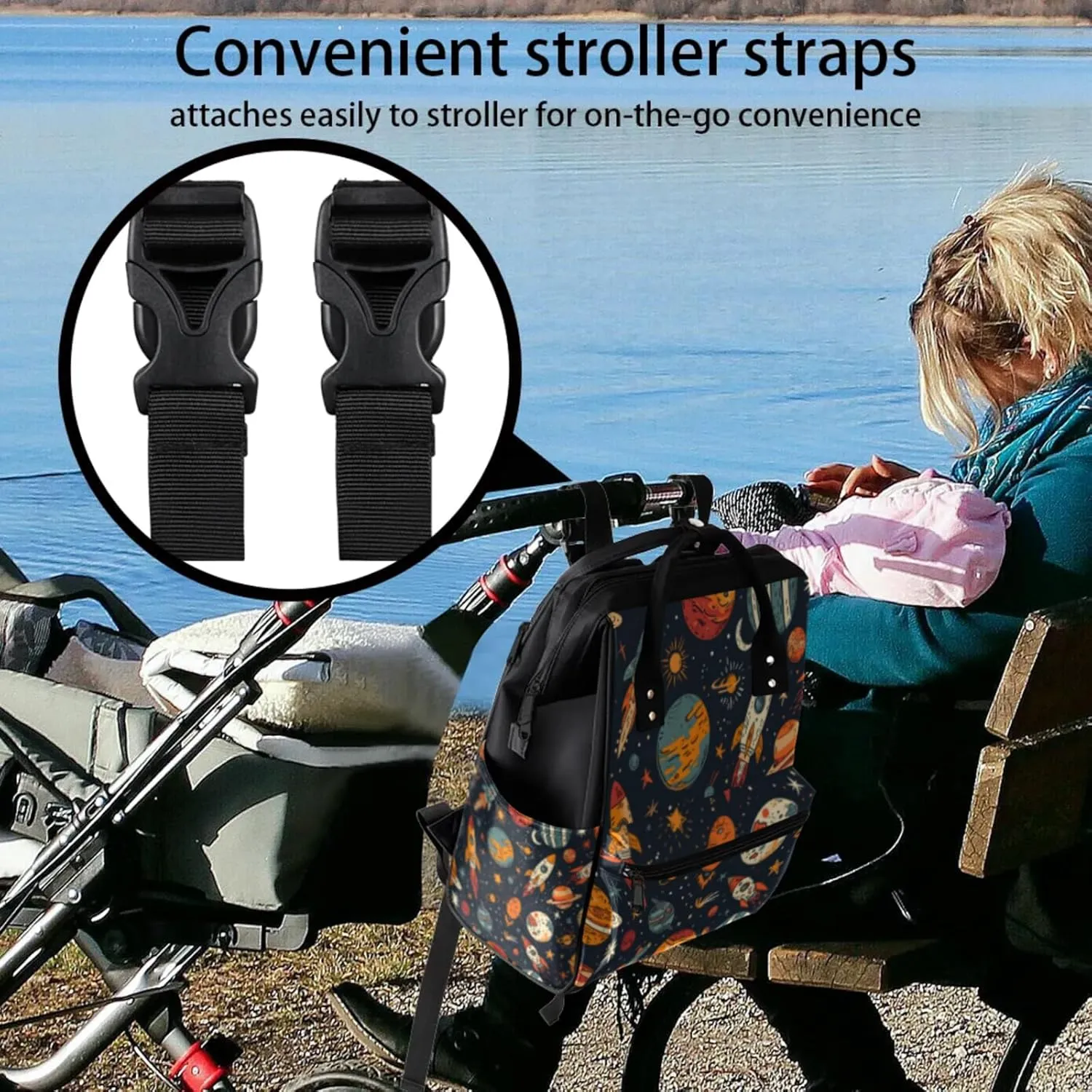 Tavisto Dreamy Space Voyage Double Shoulder Mommy Bag for Women, Polyester Large Capacity Diaper Backpack with Multi Pockets, Waterproof Adjustable Straps Diaper Bag for Moms Dads, 11''×7''×15.7''