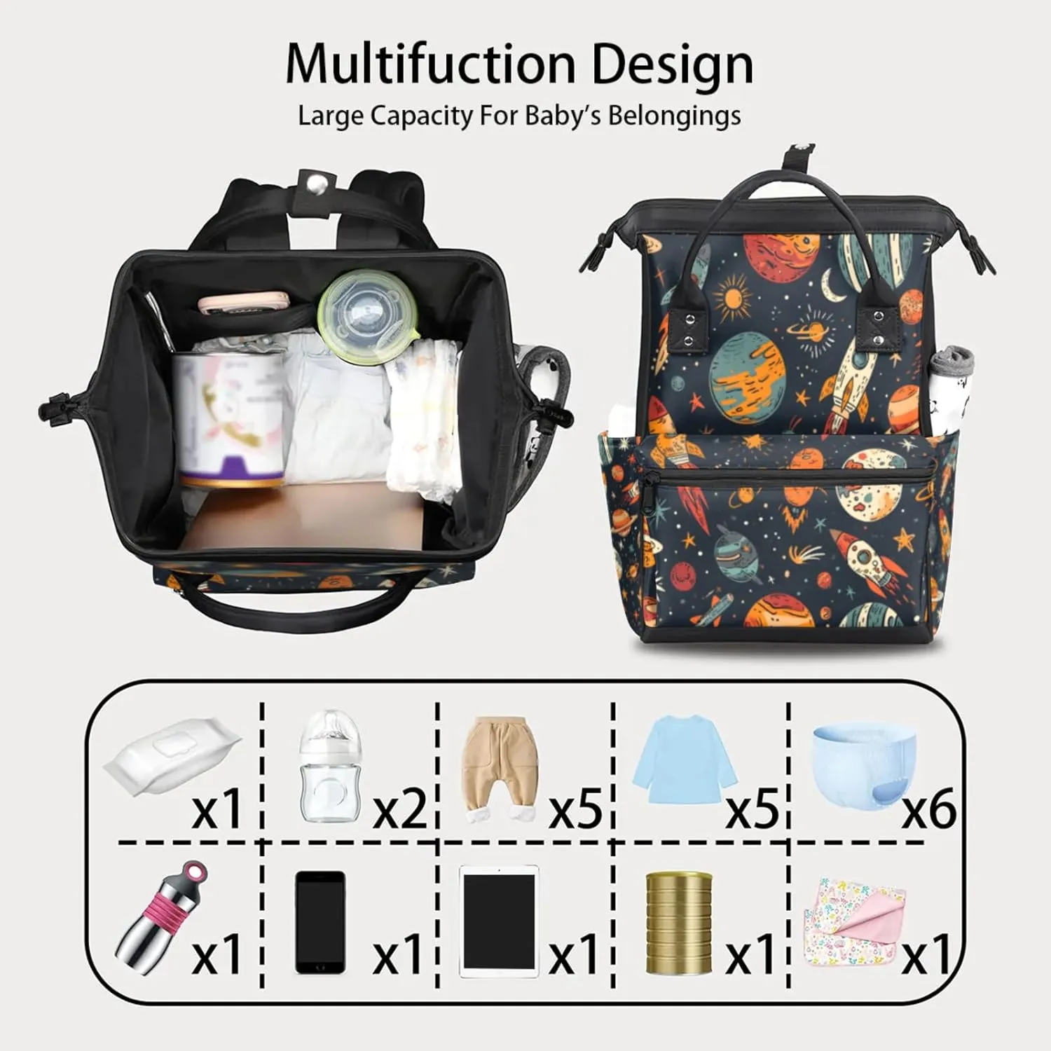 Tavisto Dreamy Space Voyage Double Shoulder Mommy Bag for Women, Polyester Large Capacity Diaper Backpack with Multi Pockets, Waterproof Adjustable Straps Diaper Bag for Moms Dads, 11''×7''×15.7''