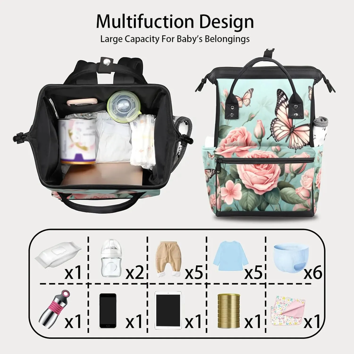 Tavisto Pretty Pink Peonies Double Shoulder Mommy Bag for Women, Polyester Large Capacity Diaper Backpack with Multi Pockets, Waterproof Adjustable Straps Diaper Bag for Moms Dads, 11''×7''×15.7''
