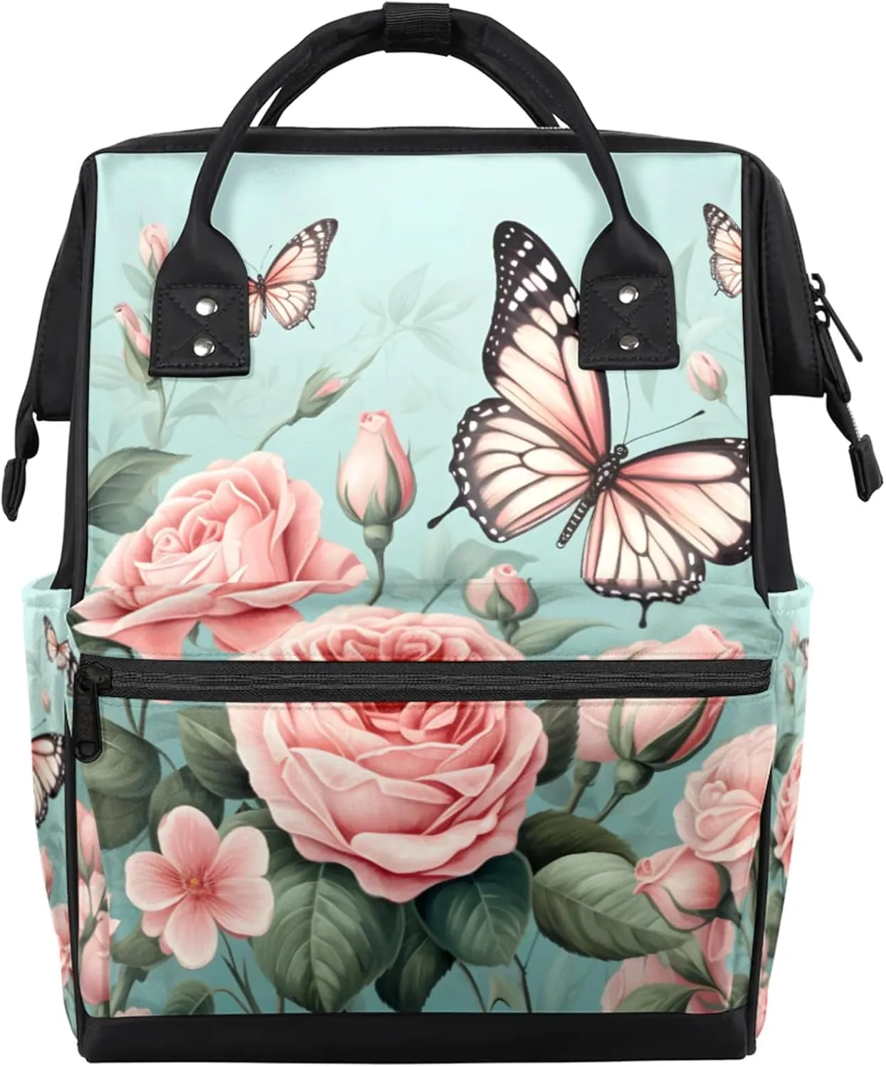 Tavisto Pretty Pink Peonies Double Shoulder Mommy Bag for Women, Polyester Large Capacity Diaper Backpack with Multi Pockets, Waterproof Adjustable Straps Diaper Bag for Moms Dads, 11''×7''×15.7''