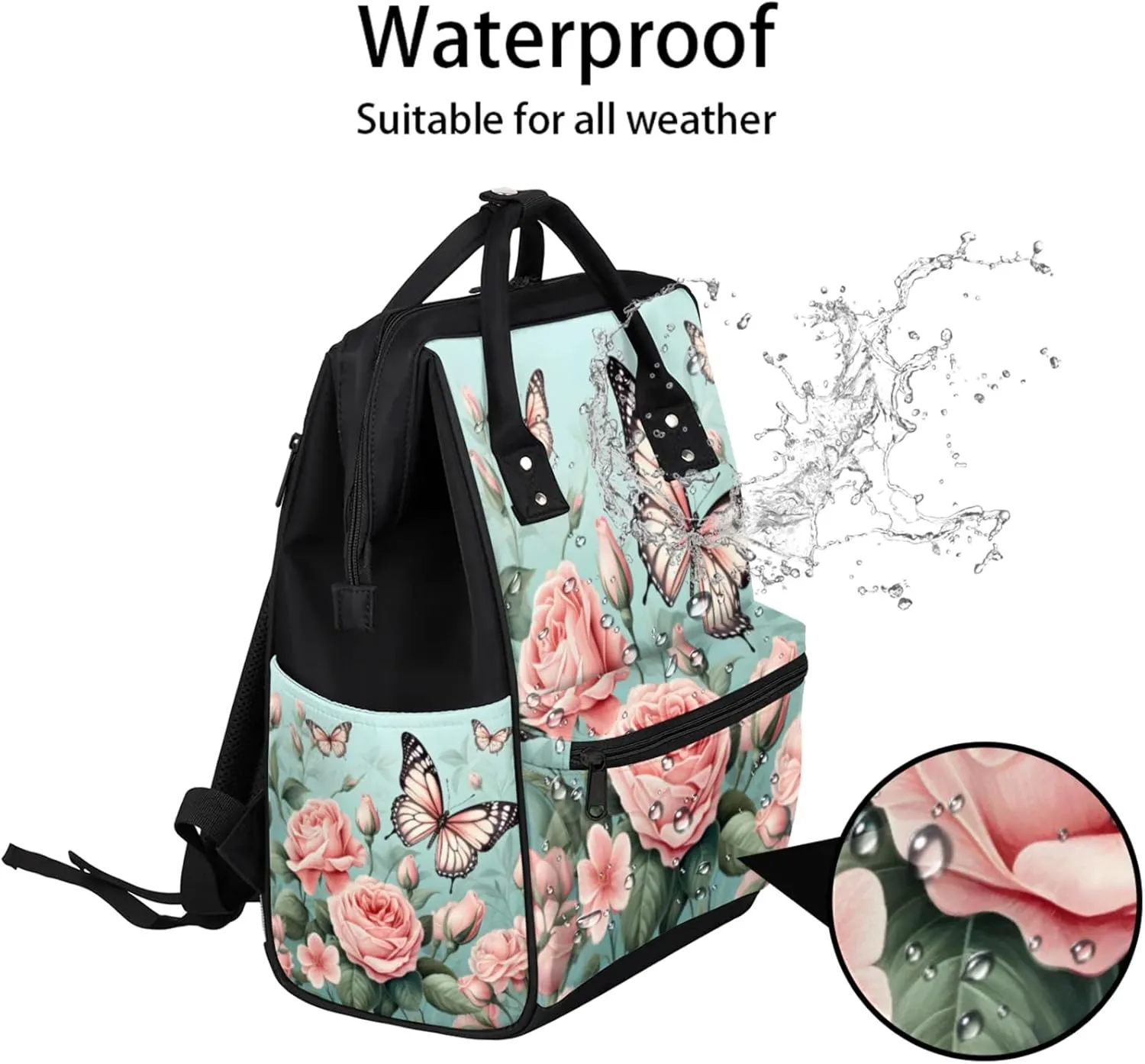 Tavisto Pretty Pink Peonies Double Shoulder Mommy Bag for Women, Polyester Large Capacity Diaper Backpack with Multi Pockets, Waterproof Adjustable Straps Diaper Bag for Moms Dads, 11''×7''×15.7''