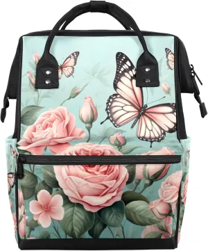 Tavisto Pretty Pink Peonies Double Shoulder Mommy Bag for Women, Polyester Large Capacity Diaper Backpack with Multi Pockets, Waterproof Adjustable Straps Diaper Bag for Moms Dads, 11''×7''×15.7''