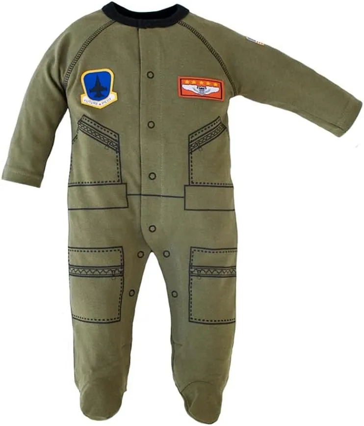 T.C. Unisex Baby Future Pilot Aviator Flight Suit Footed Crawler (12-18 Months) Olive Green