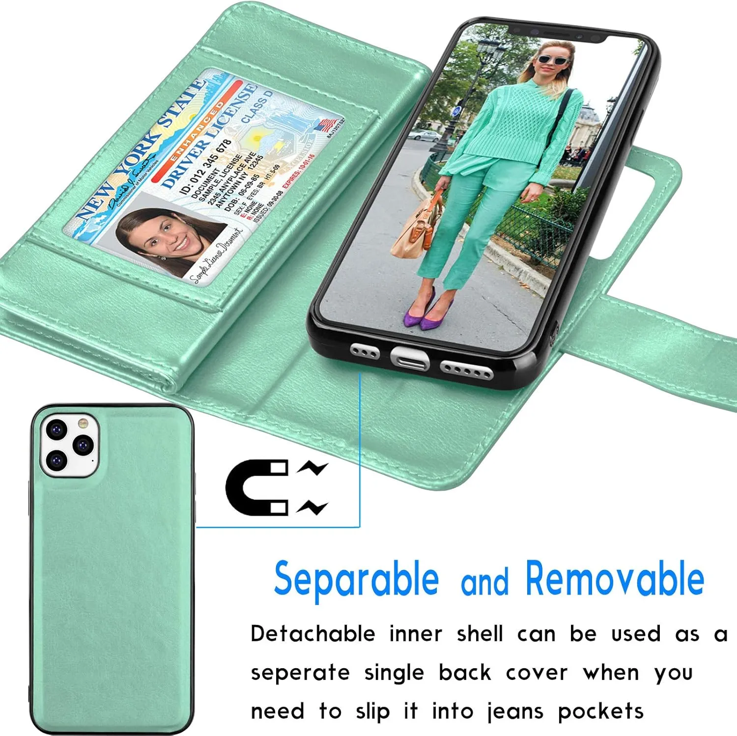 Tekcoo Wallet Case for iPhone 11 / iPhone11 (6.1 inch) 2019 Luxury ID Cash Credit Card Slots Holder Carrying Pouch Folio Flip PU Leather Cover [Detachable Magnetic Hard Case] Lanyard - Turquoise