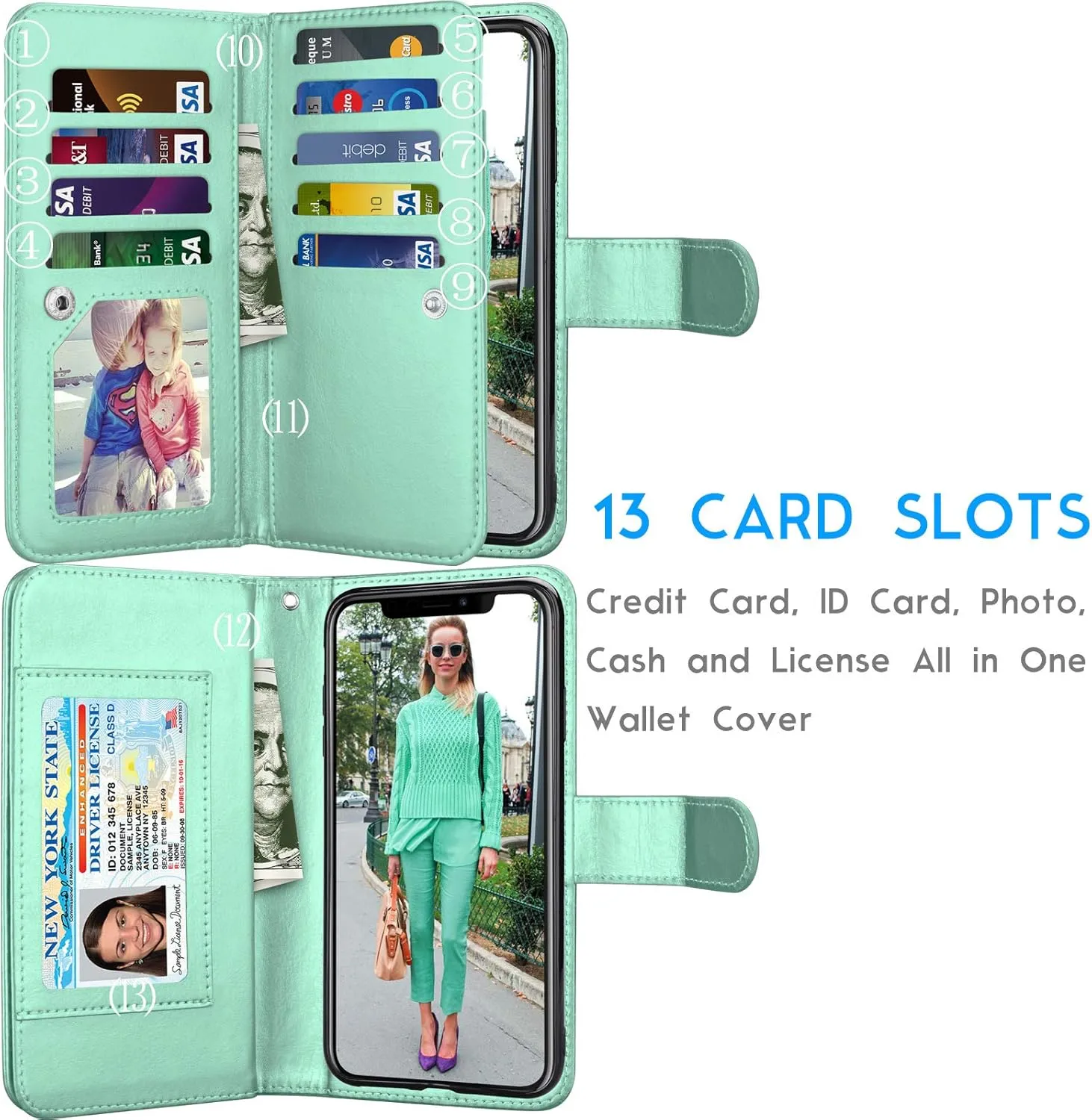 Tekcoo Wallet Case for iPhone 11 / iPhone11 (6.1 inch) 2019 Luxury ID Cash Credit Card Slots Holder Carrying Pouch Folio Flip PU Leather Cover [Detachable Magnetic Hard Case] Lanyard - Turquoise