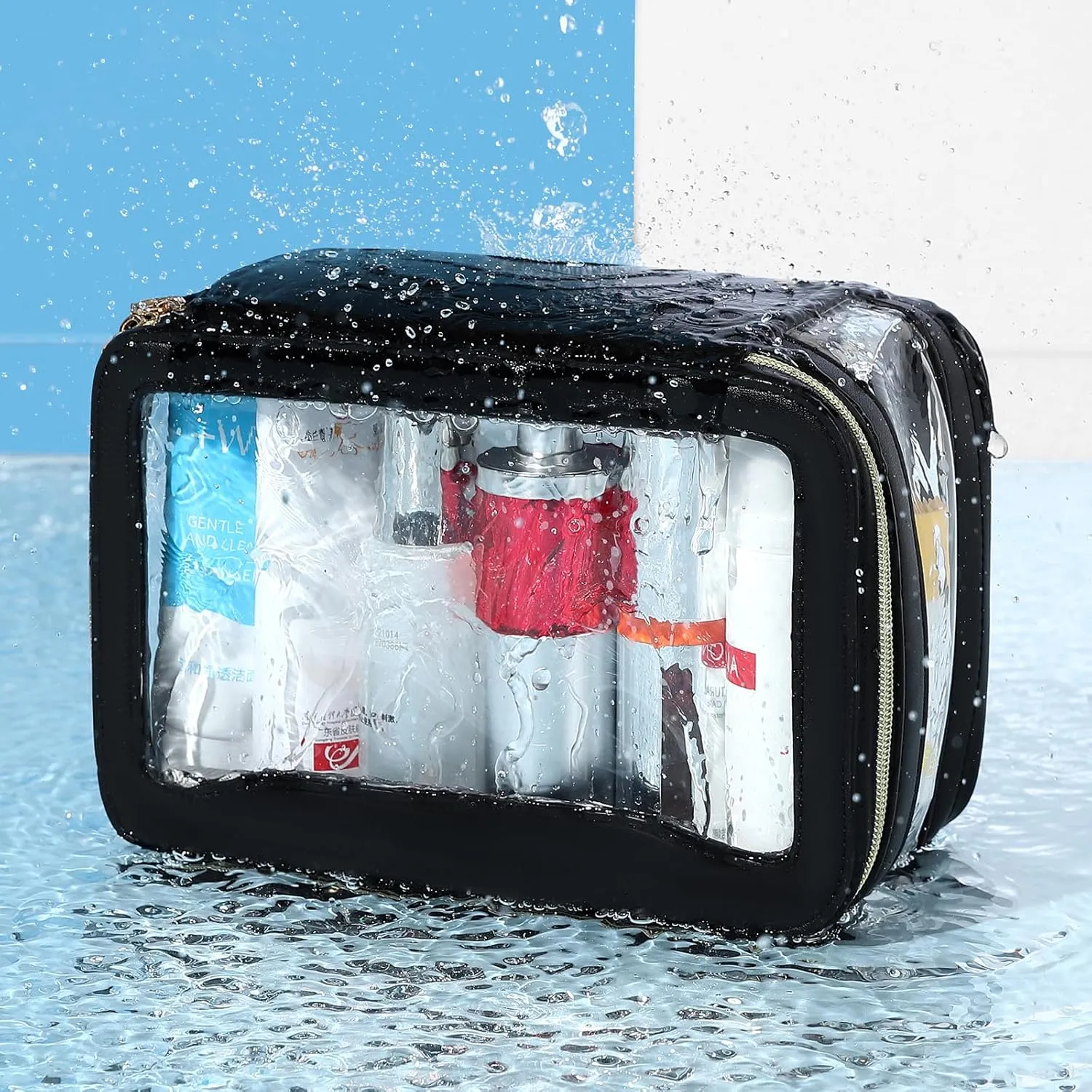 Telena Clear Makeup Bag Travel Toiletry Cosmetic Bag Portable Make Up Organizer for Women Black