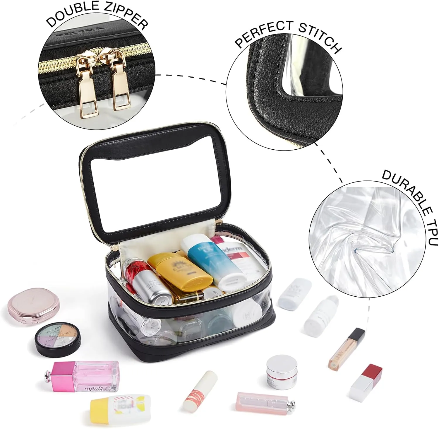 Telena Clear Makeup Bag Travel Toiletry Cosmetic Bag Portable Make Up Organizer for Women Black