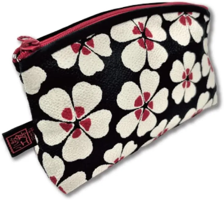 Terra Distribution Small Makeup Bag for Purse [ Made in Japan] Traditional Edo Komon Design Cute Cosmetic Pouch (Cherry Blossom (Black))