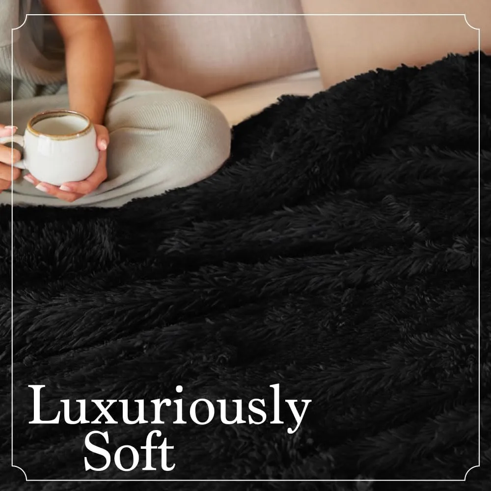 The Connecticut Home Co Throw Blanket Soft Fluffy Room Decor, Cozy Warm Throws for Bed, Couch, Gifts for Women, Bedroom Cute Aesthetic Blankets Shag and Sherpa, 65x50, Black