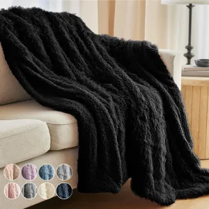 The Connecticut Home Co Throw Blanket Soft Fluffy Room Decor, Cozy Warm Throws for Bed, Couch, Gifts for Women, Bedroom Cute Aesthetic Blankets Shag and Sherpa, 65x50, Black