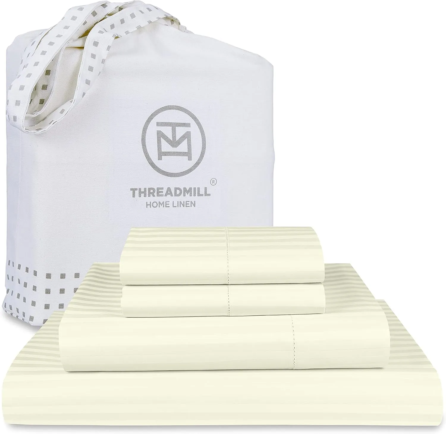 Threadmill 100% Cotton Sheets for Queen Size Bed - 600 Thread Count Queen Bed Sheets Set with 16” Deep Pocket - Damask Stripe Sateen Weave 4-Piece Bedding Set with Cooling Effect, Ivory