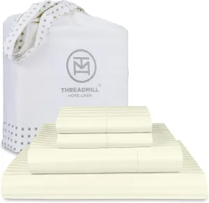 Threadmill 100% Cotton Sheets for Queen Size Bed - 600 Thread Count Queen Bed Sheets Set with 16” Deep Pocket - Damask Stripe Sateen Weave 4-Piece Bedding Set with Cooling Effect, Ivory