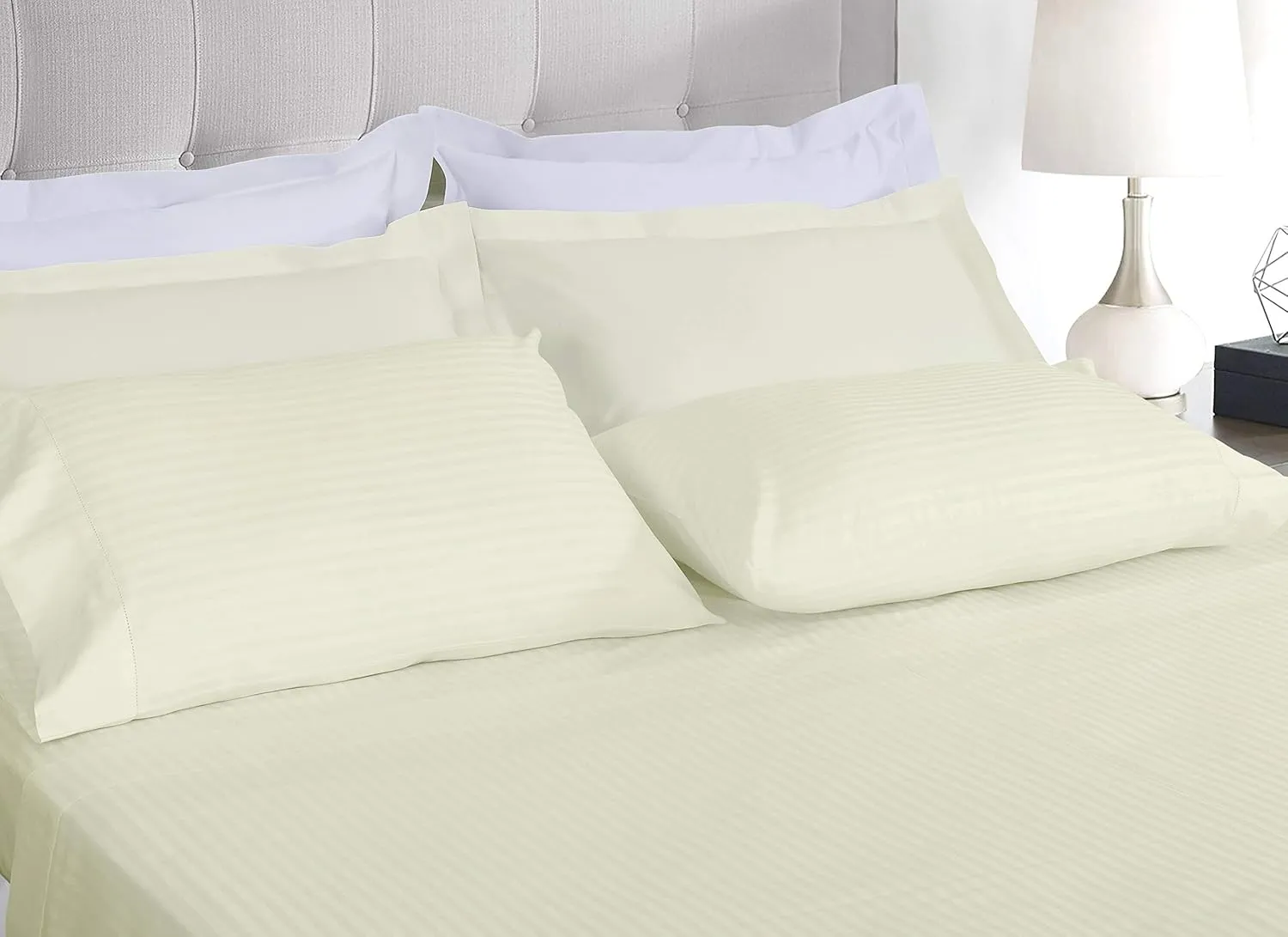 Threadmill 100% Cotton Sheets for Queen Size Bed - 600 Thread Count Queen Bed Sheets Set with 16” Deep Pocket - Damask Stripe Sateen Weave 4-Piece Bedding Set with Cooling Effect, Ivory