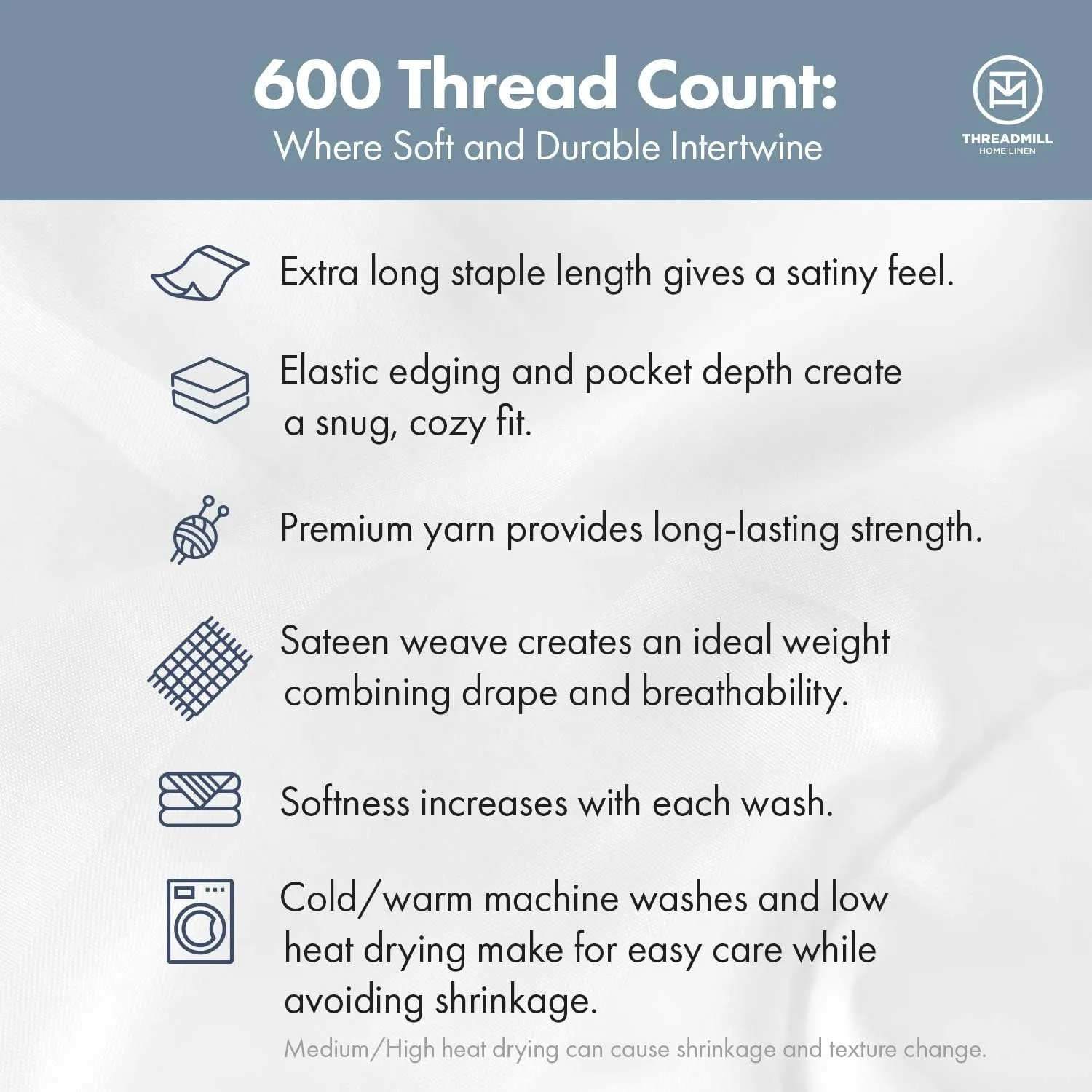 Threadmill 100% Cotton Sheets for Queen Size Bed - 600 Thread Count Queen Bed Sheets Set with 16” Deep Pocket - Damask Stripe Sateen Weave 4-Piece Bedding Set with Cooling Effect, Ivory