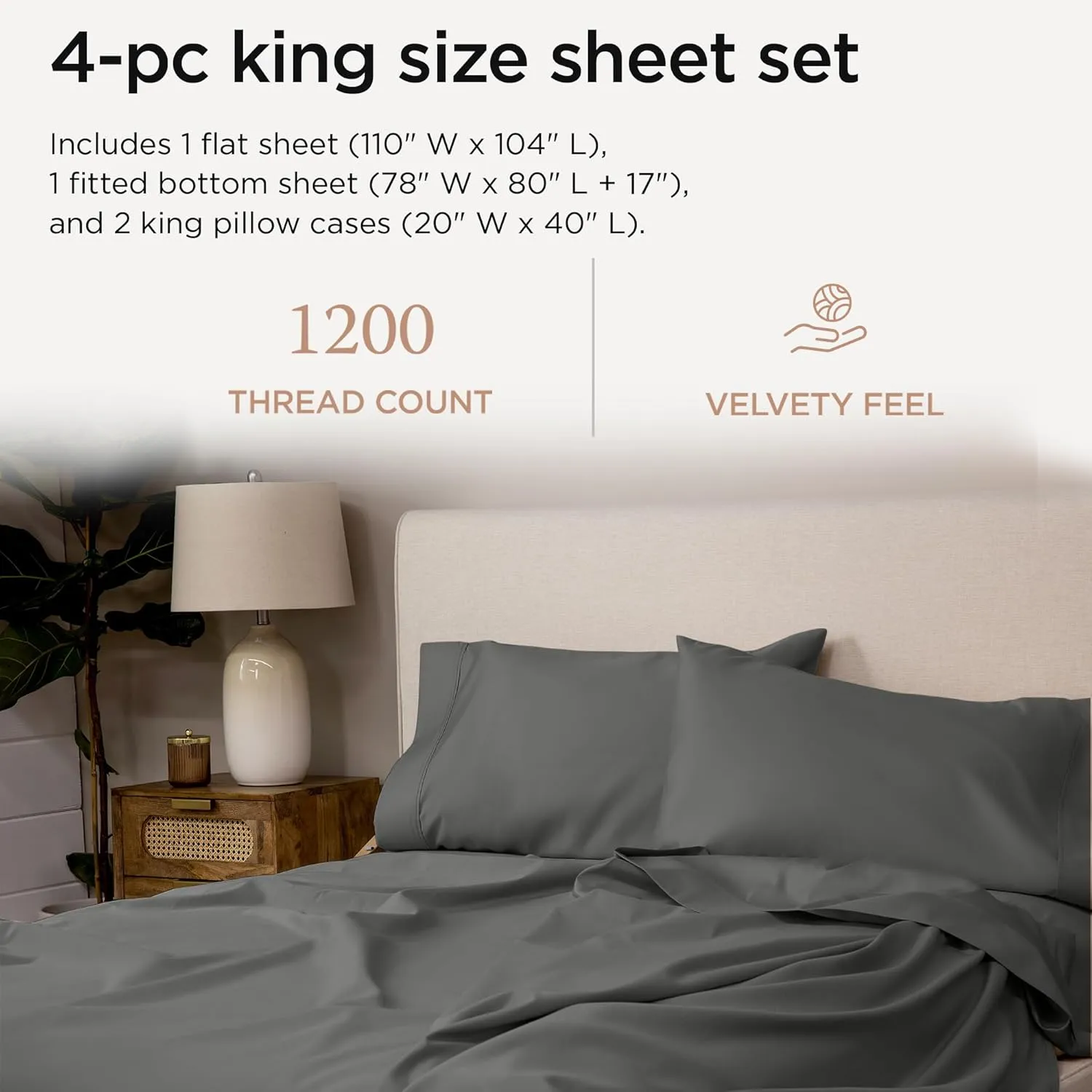 Threadmill Luxury 1200 Thread Count Supima Cotton Sheets, King Size, 4 Pc Dark Grey Set, 5-Star Hotel Quality with Elasticized Deep Pocket King Sheets
