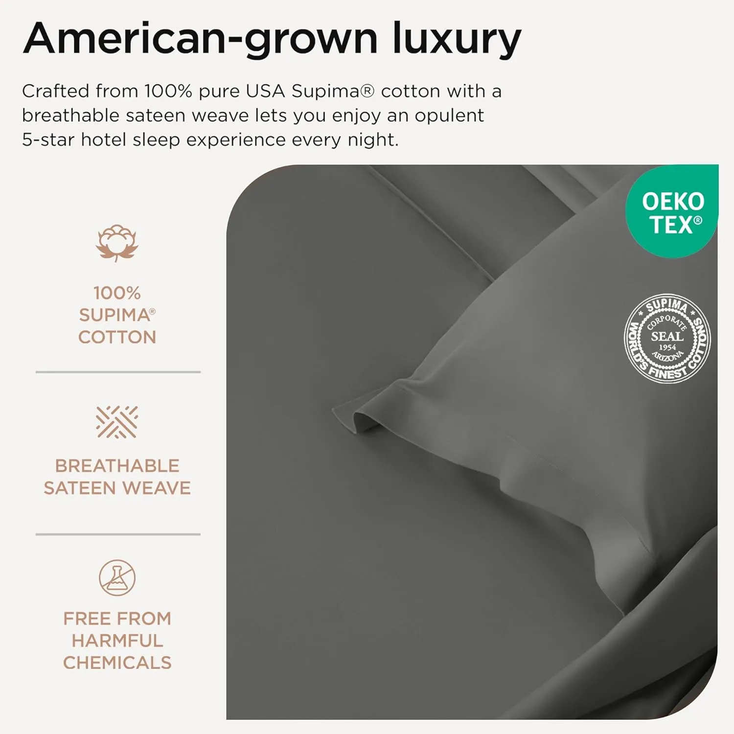 Threadmill Luxury 1200 Thread Count Supima Cotton Sheets, King Size, 4 Pc Dark Grey Set, 5-Star Hotel Quality with Elasticized Deep Pocket King Sheets