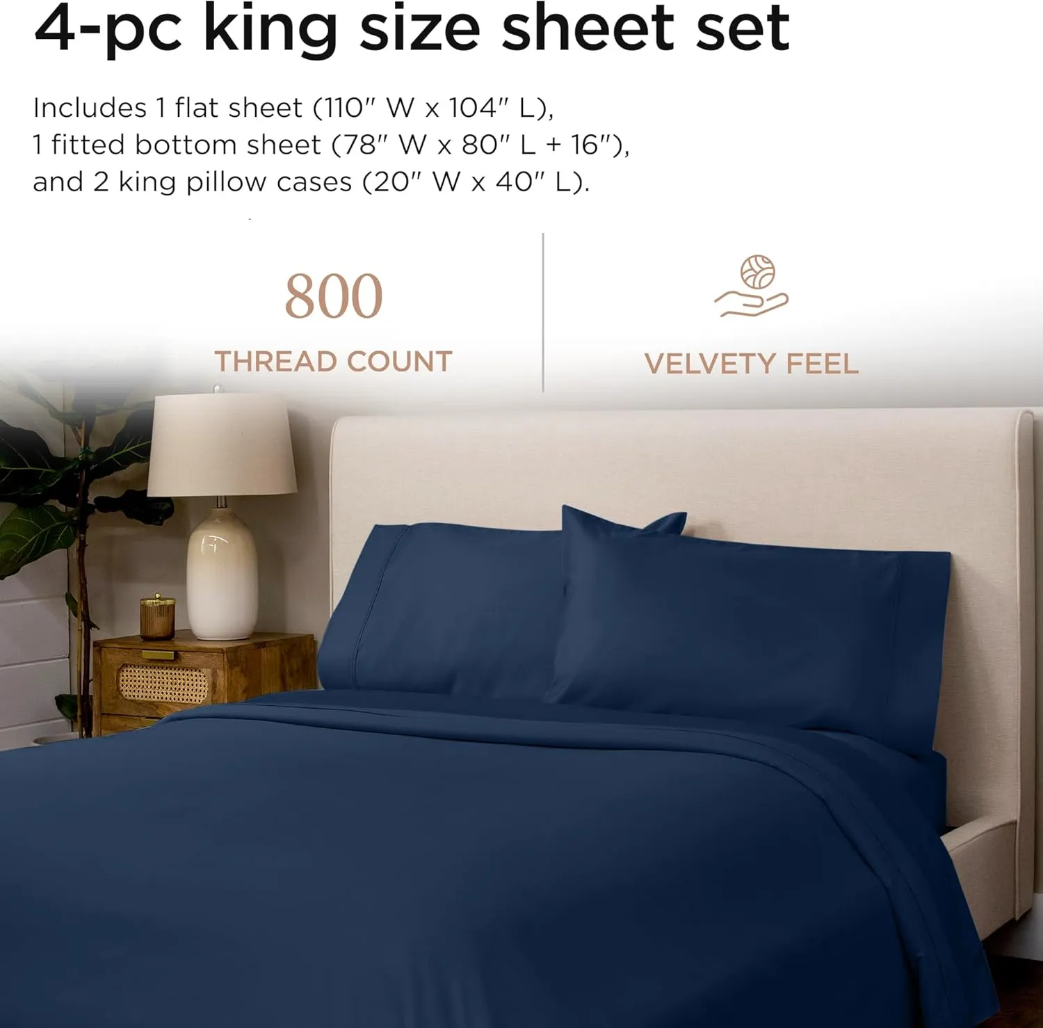 Threadmill Luxury 800 Thread Count King 100% Cotton Sheets - Folkstone Blue Sateen Weave Bed-Sheets, Better Than Egyptian Cotton, 4 Pc Solid Soft Bed Set, Fits 16" Deep Pocket