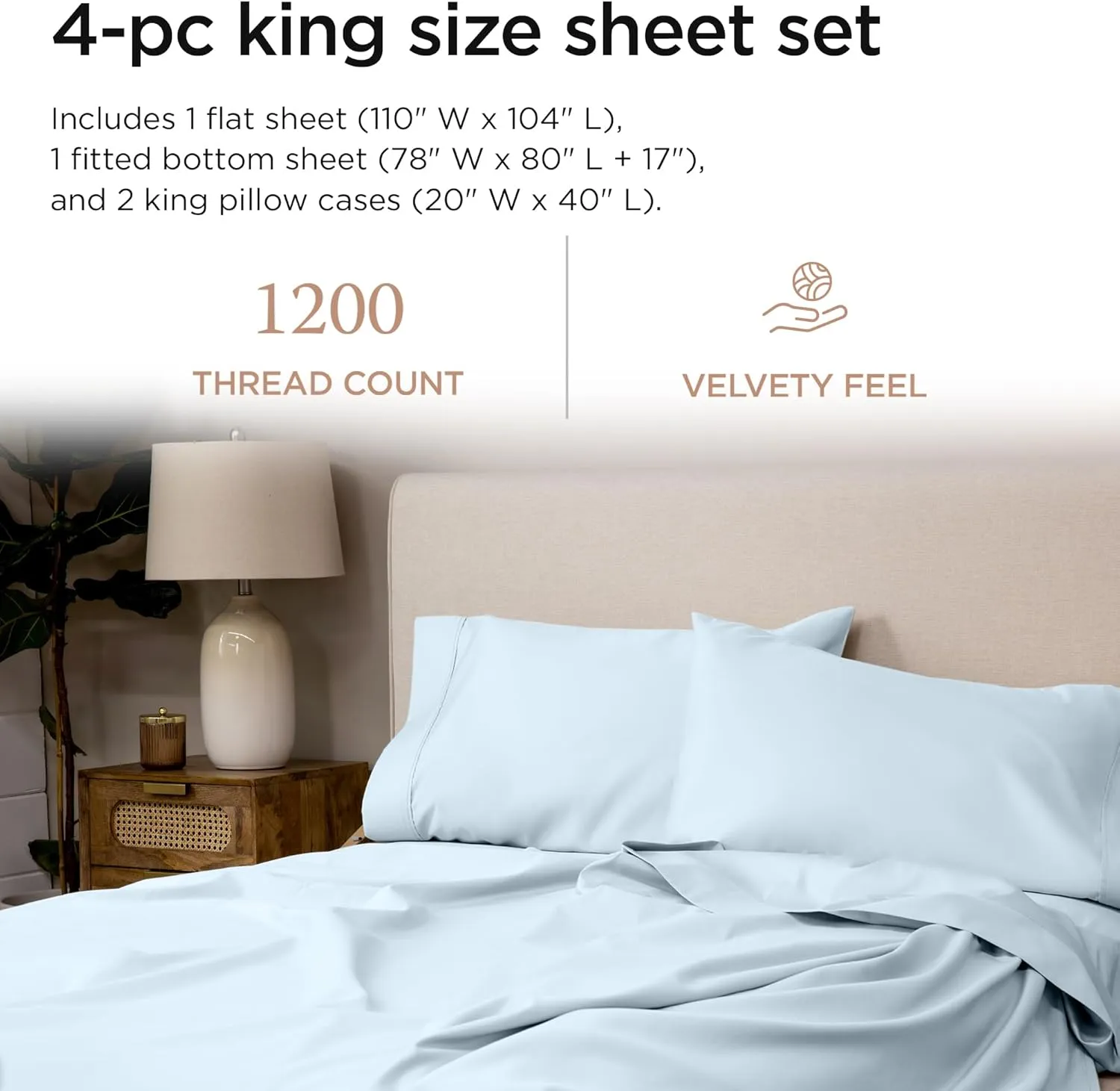 Threadmill Supima King Size Sheets, 1200 Thread Count, 4 Piece American Luxury Bed Sheets for King Mattress, 5 Star Hotel Quality Cotton Sheets with Elasticized Extra Deep Pocket, Light Blue