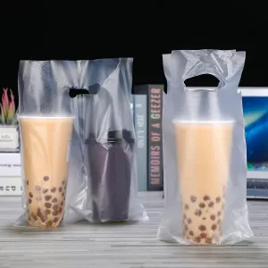Tinlade 200 Pcs Handle Drinking Poly Bags Plastic Packaging Delivery Hanging Hole Clear Portable Cup Carrier Holder Bag, 6.3 x 10.2, 12.2 x 10.2 Inch