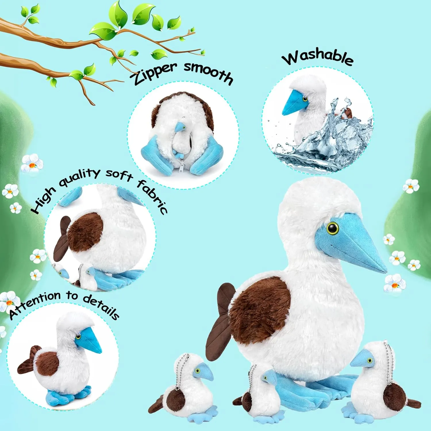 Tiny Heart Simulation Blue Footed Booby Plush Toy 4pcs 13.77inch Super Soft Cute Bird Blue Footed Booby Stuffed Animal Fun Kids Birthday Gift Home Decor