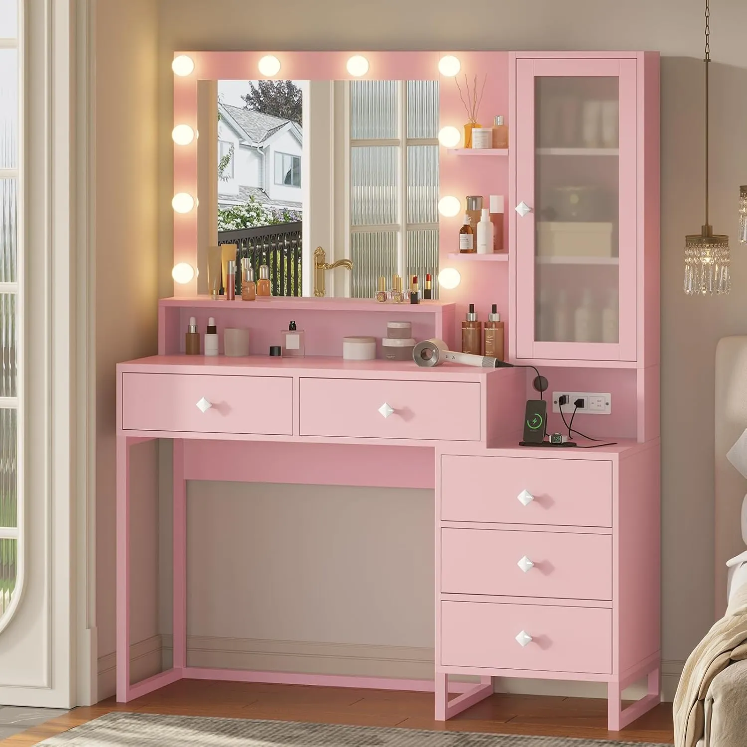 Tiptiper Makeup Vanity Desk with Mirror and Lights & Charging Station, White Vanity Table with 5 Storage Drawer & Glass Door & 3 Shelves for Bedroom,Pink