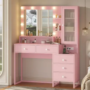 Tiptiper Makeup Vanity Desk with Mirror and Lights & Charging Station, White Vanity Table with 5 Storage Drawer & Glass Door & 3 Shelves for Bedroom,Pink