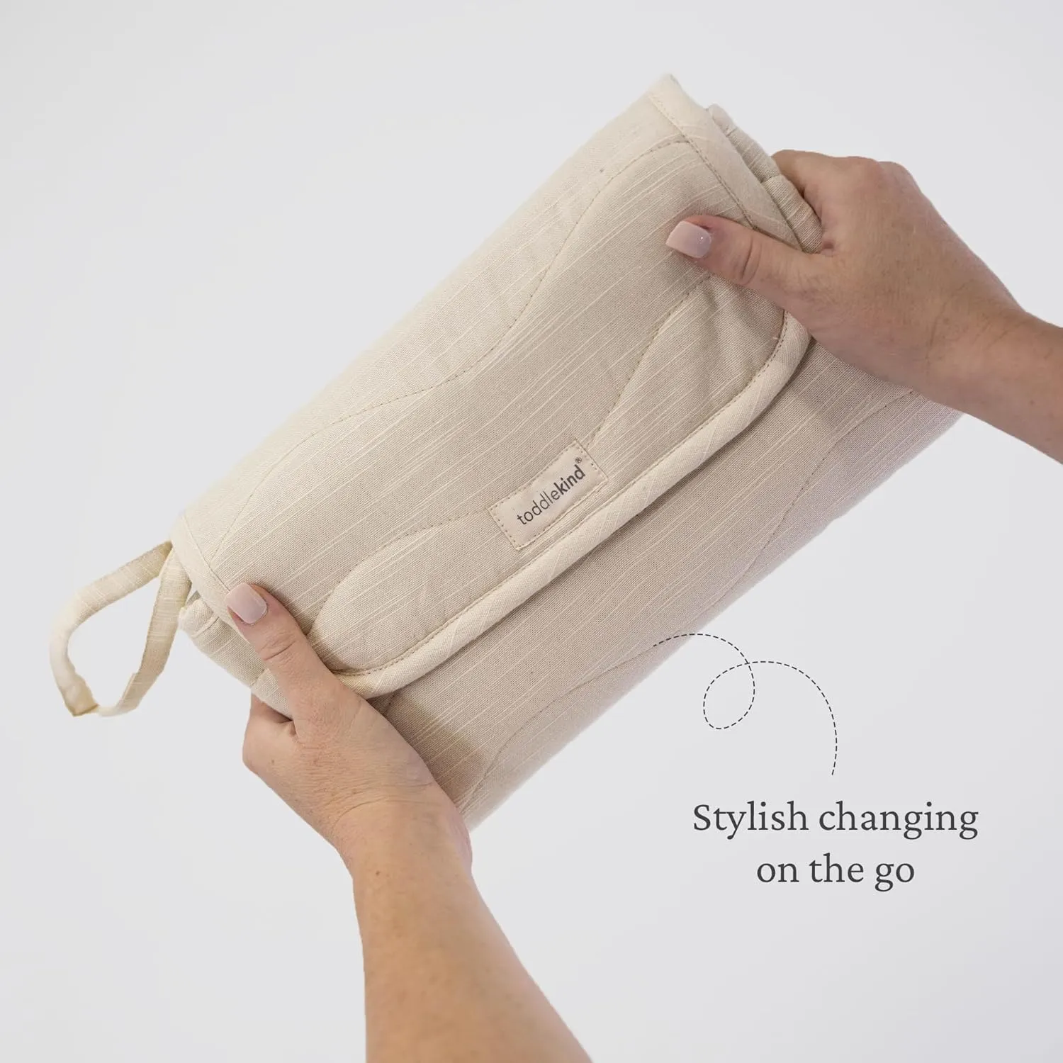 Toddlekind Mini Maven Portable Changing Pad – Organic Cotton & Water-Resistant Polyester – Travel-Friendly, Foldable Change Mat – Tofu Beige Stripes with Wave Stitching – Chic, Durable, Easy to Clean