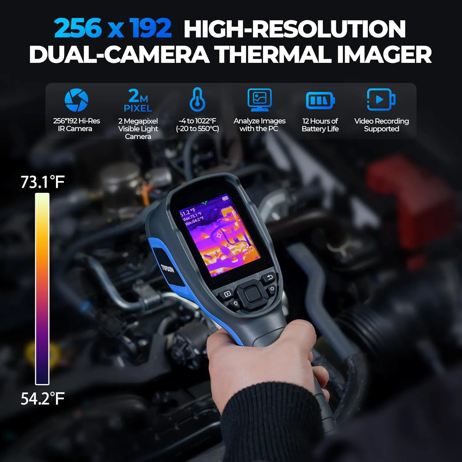 TOPDON TC005 256 x 192 IR High Resolution Dual-Camera Thermal Imaging Camera with 12-Hour Battery Life and 2MP Visual Light Camera, -4°F~1022°F Handheld Infrared Thermal Imager with PC 2D/3D Analysis