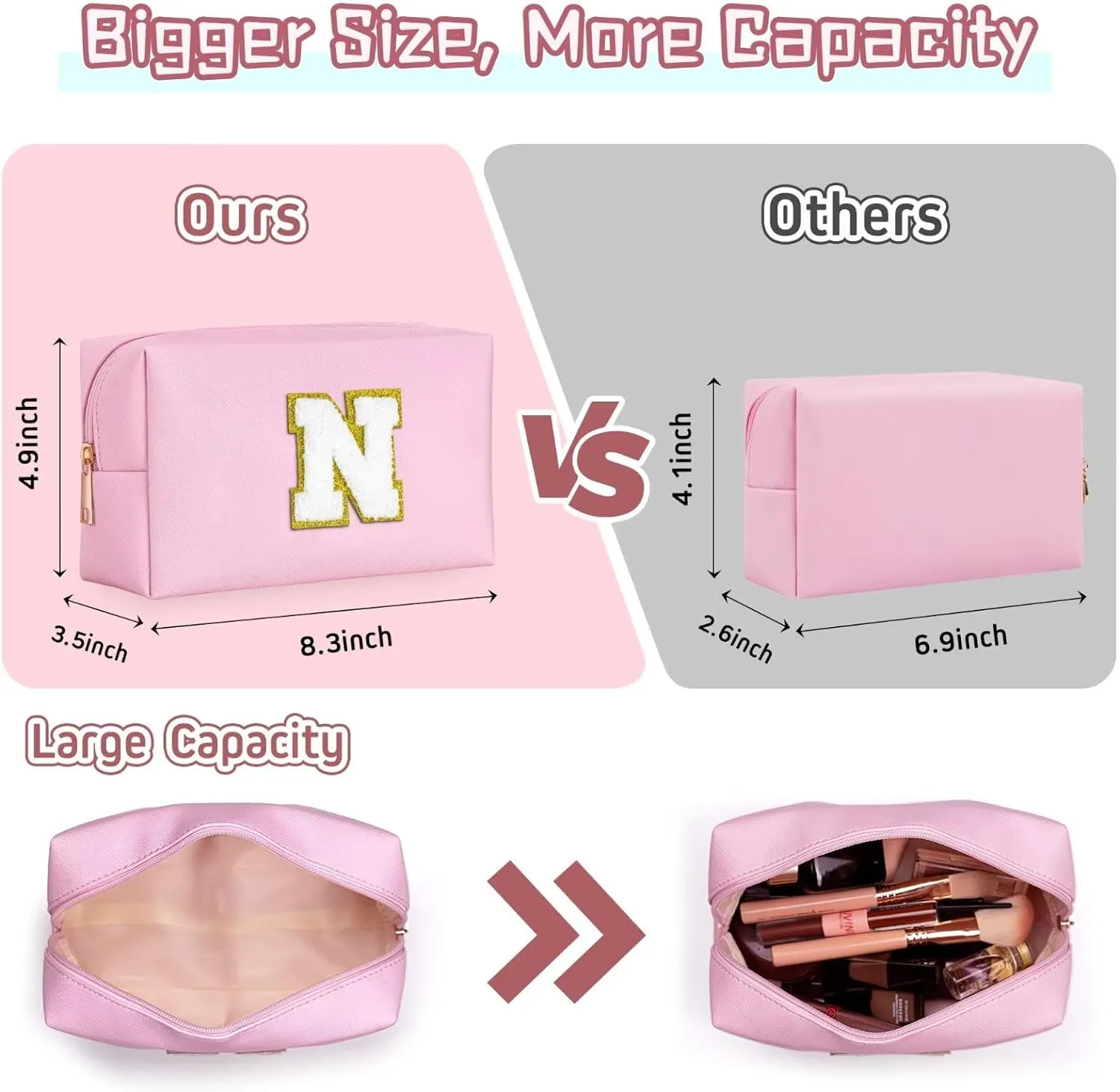 TOPEAST Preppy Small Makeup Bag, Chenille Letter Pouch Cosmetic Bag With Zipper, PU Leather Waterproof Toiletry Bag, Personalized Birthday Gift for Women, Cute Stuff for Girls (Pink D)