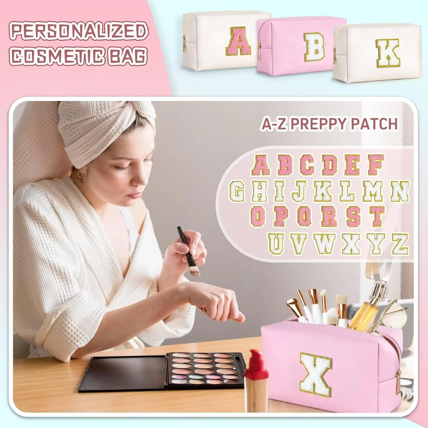 TOPEAST Preppy Small Makeup Bag, Chenille Letter Pouch Cosmetic Bag With Zipper, PU Leather Waterproof Toiletry Bag, Personalized Birthday Gift for Women, Cute Stuff for Girls (Pink D)