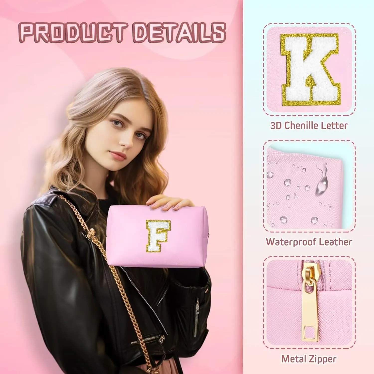 TOPEAST Preppy Small Makeup Bag, Chenille Letter Pouch Cosmetic Bag With Zipper, PU Leather Waterproof Toiletry Bag, Personalized Birthday Gift for Women, Cute Stuff for Girls (Pink D)