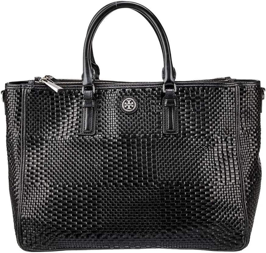Tory Burch Robinson Black Tote Basket Weave Saffiano Leather Large Handbag Bag New