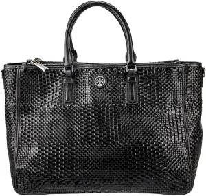 Tory Burch Robinson Black Tote Basket Weave Saffiano Leather Large Handbag Bag New