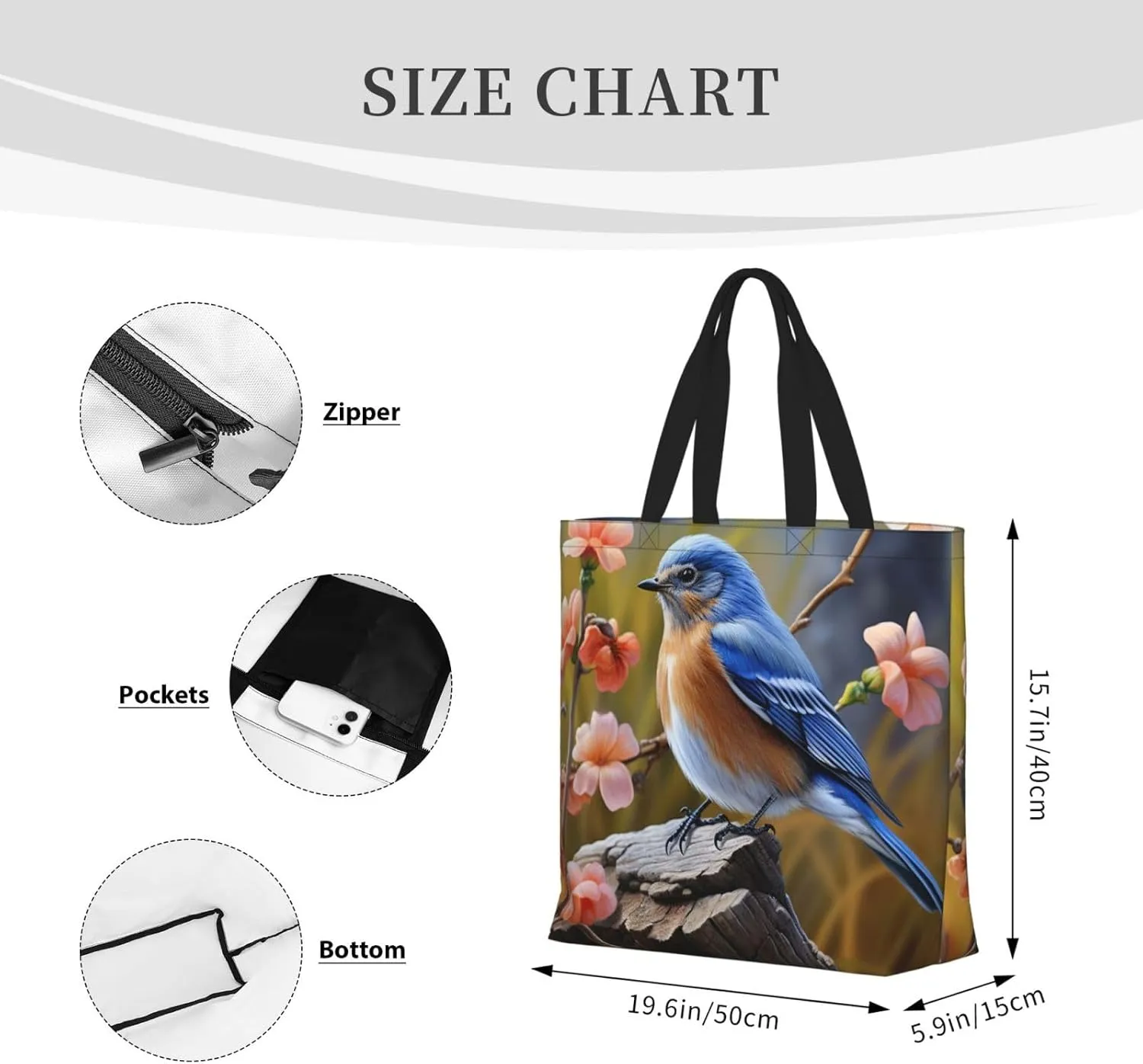 Tote Bag for Women Eastern Bluebird Shoulder Bag with Zipper Handbag Large Capacity Reusable Grocery Bag