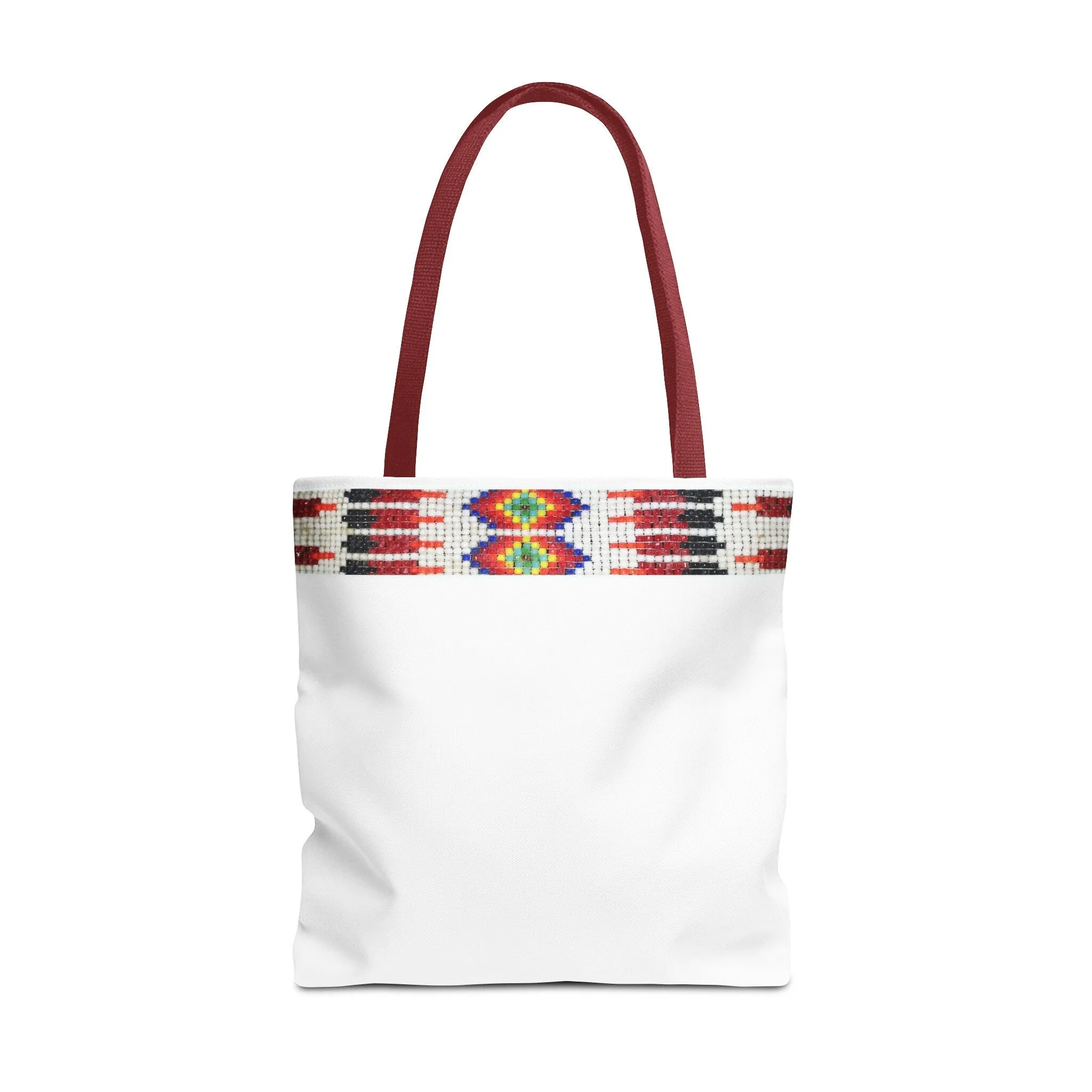 Tote Bag, PRINTED Native American bead design, Red handle, Uncle Buds beadwork inspired