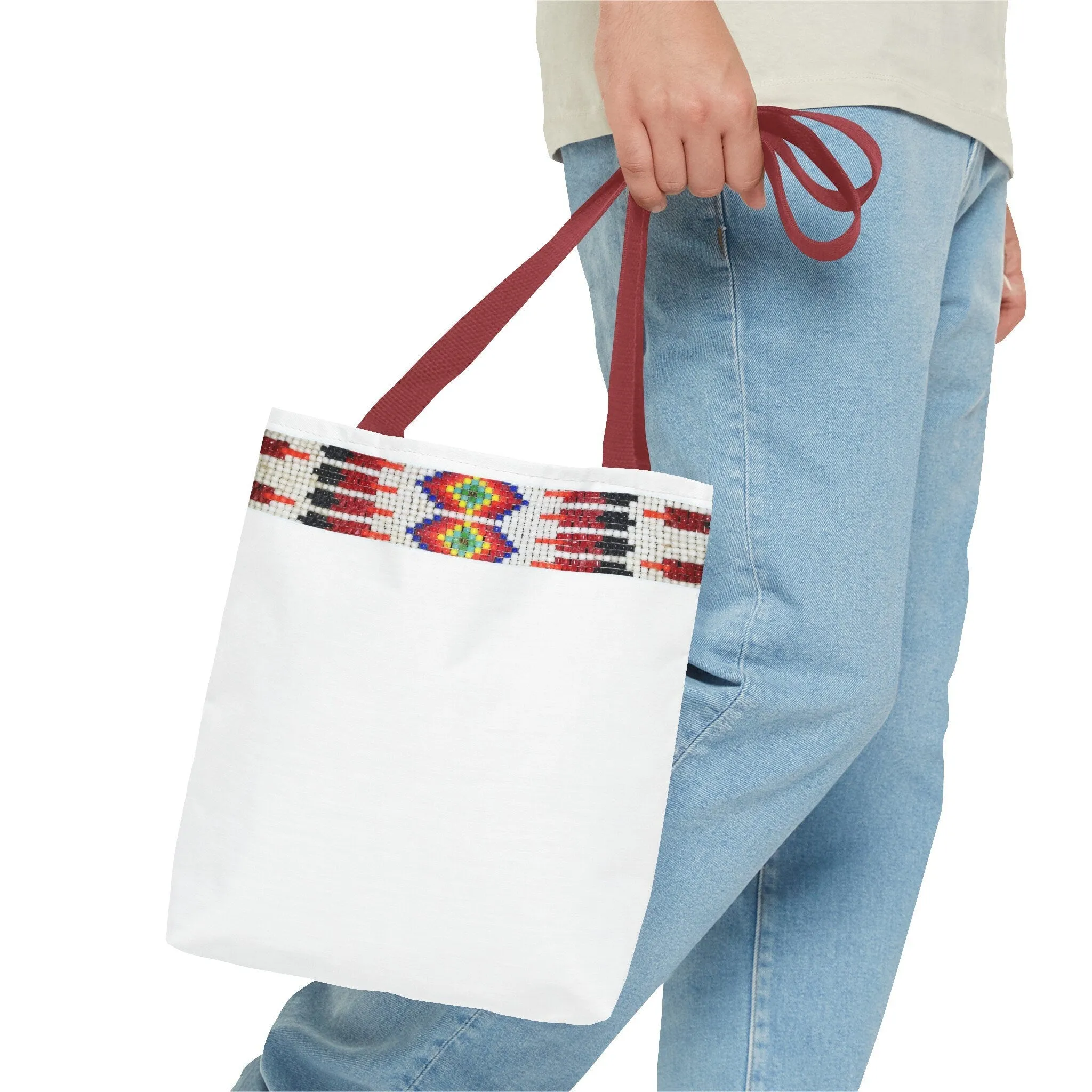 Tote Bag, PRINTED Native American bead design, Red handle, Uncle Buds beadwork inspired