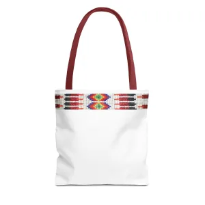Tote Bag, PRINTED Native American bead design, Red handle, Uncle Buds beadwork inspired