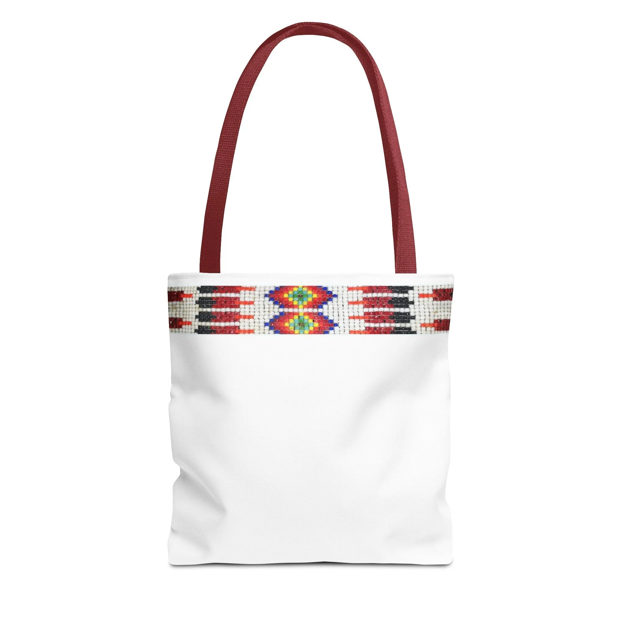 Tote Bag, PRINTED Native American bead design, Red handle, Uncle Buds beadwork inspired