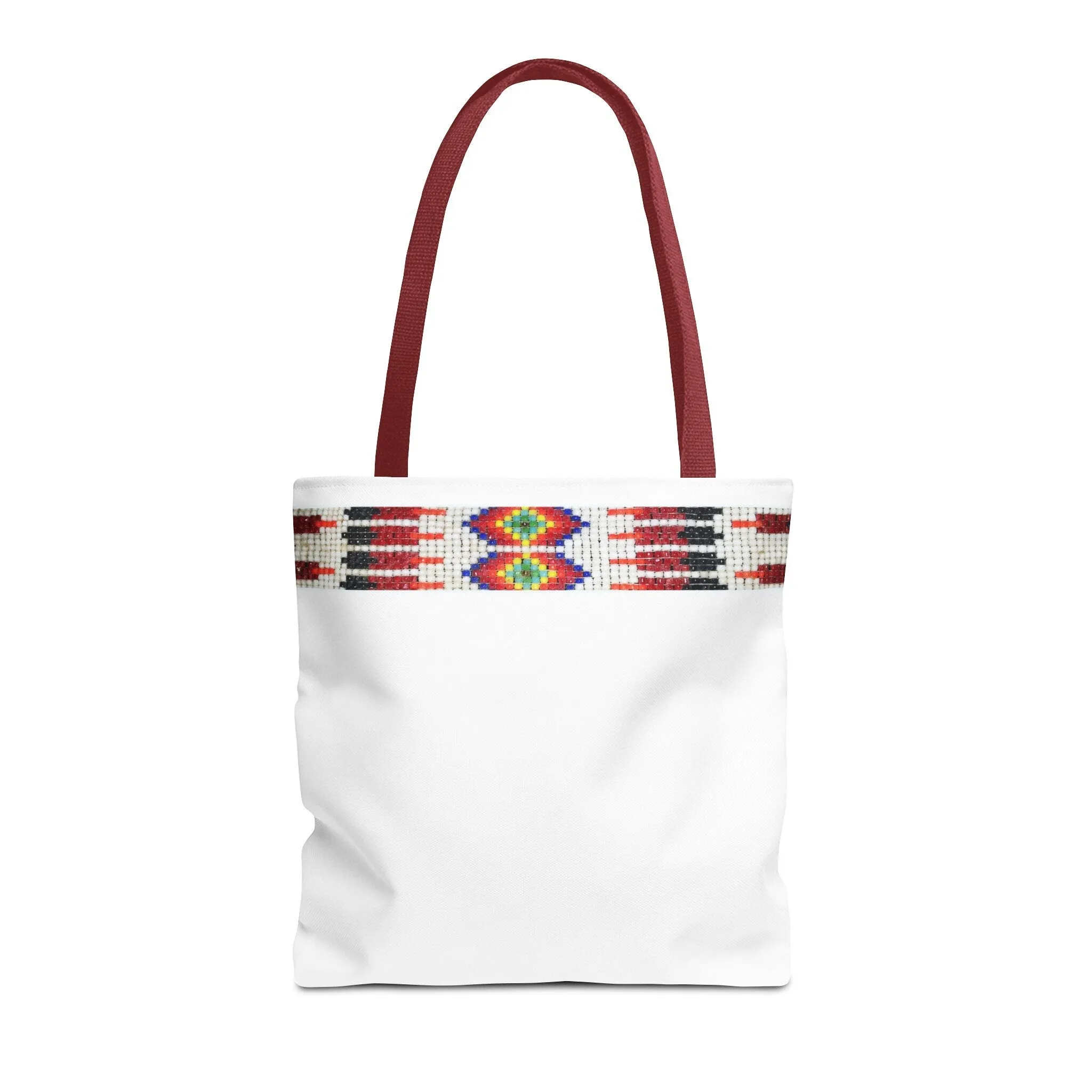 Tote Bag, PRINTED Native American bead design, Red handle, Uncle Buds beadwork inspired