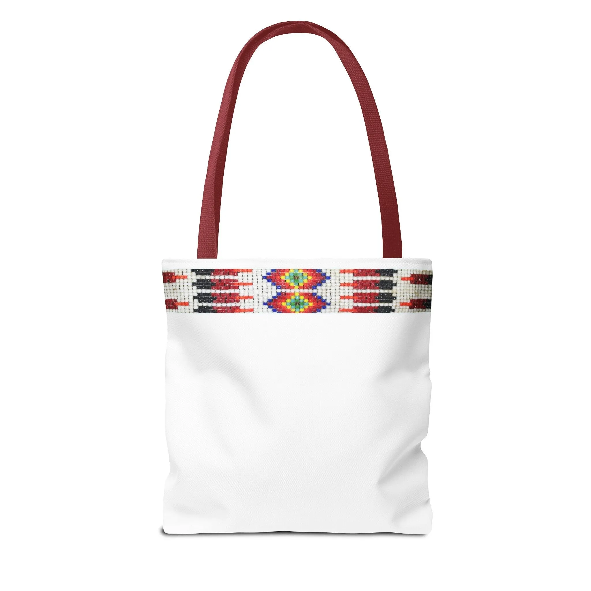 Tote Bag, PRINTED Native American bead design, Red handle, Uncle Buds beadwork inspired