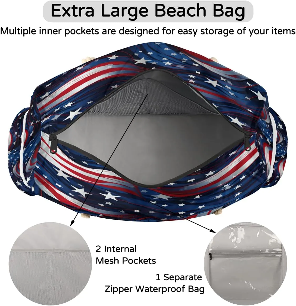 Tote Beach Bag for Women Large Zipper Beach Bags Waterproof Sandproof Gym Swim Pool Travel Bag