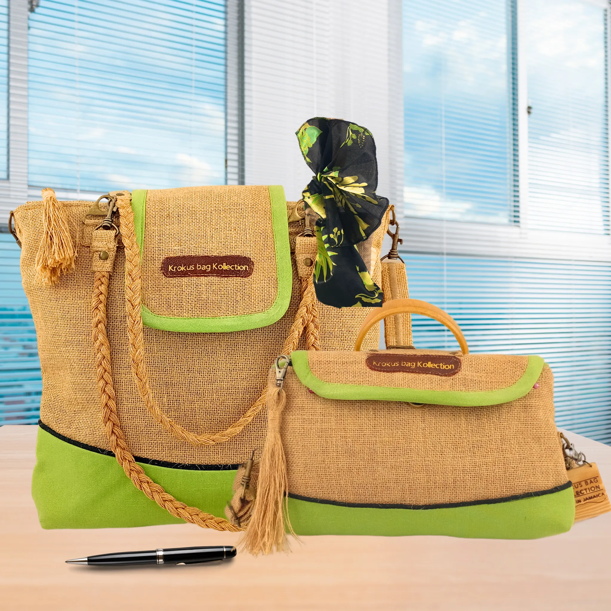 Tote Set, Lime Green Linen Trim
