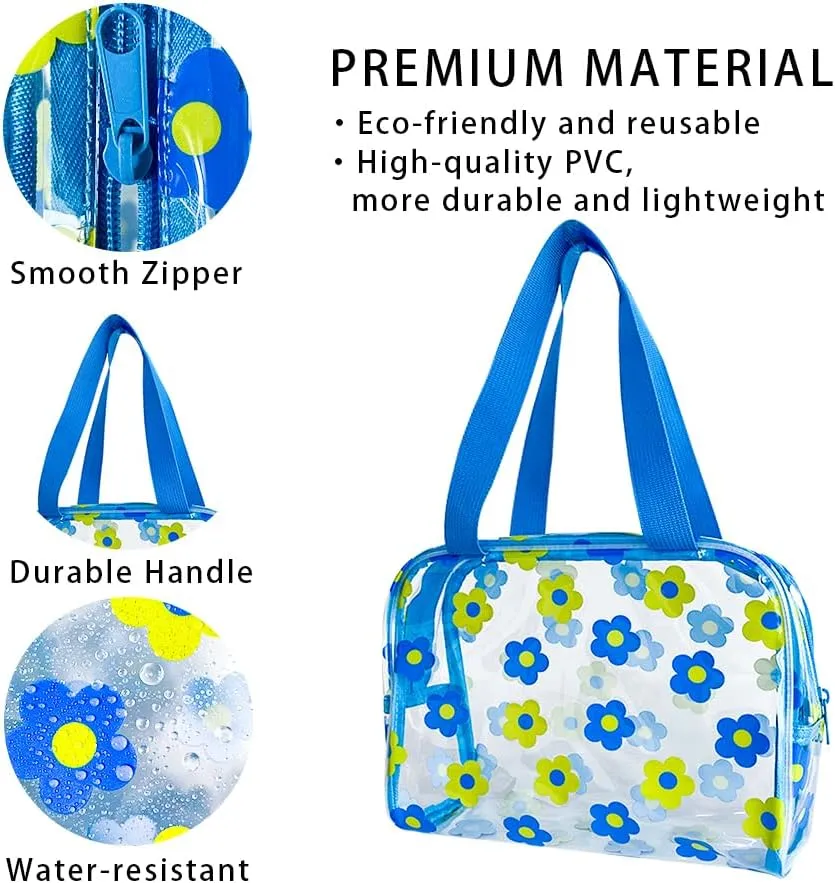 TotePrint Clear Floral Hand Bag and Travel Cosmetics Pouch with Handle,Durable Waterproof PVC Versatile Smooth Zipper Design (Blue Yellow)