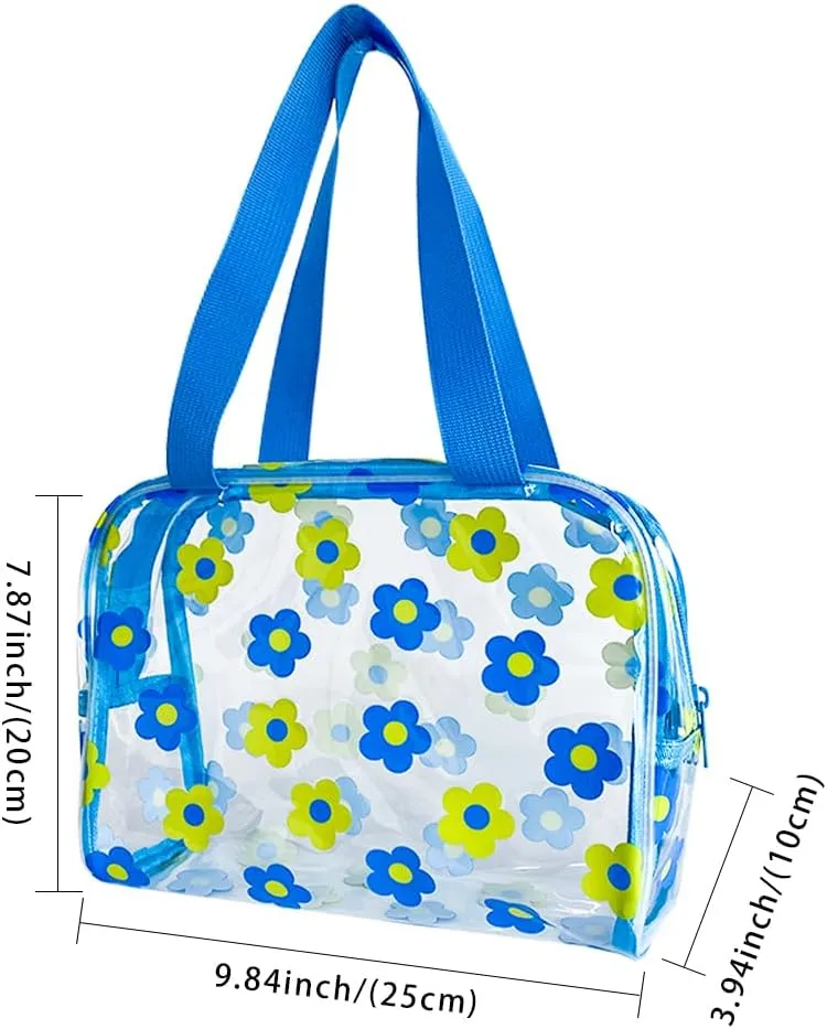 TotePrint Clear Floral Hand Bag and Travel Cosmetics Pouch with Handle,Durable Waterproof PVC Versatile Smooth Zipper Design (Blue Yellow)